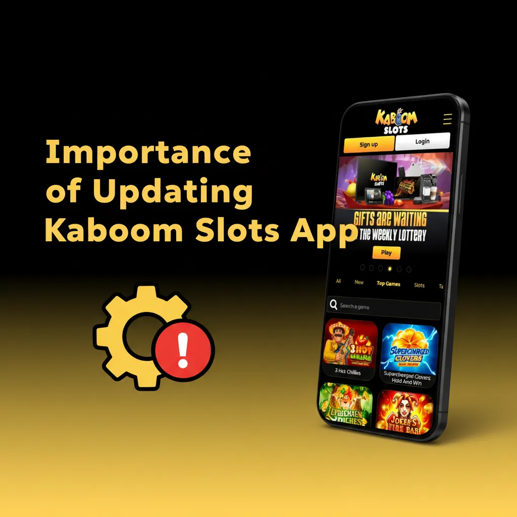 Kaboom Slots app update screen showing improved performance and stability, latest markets and games, and security fixes.