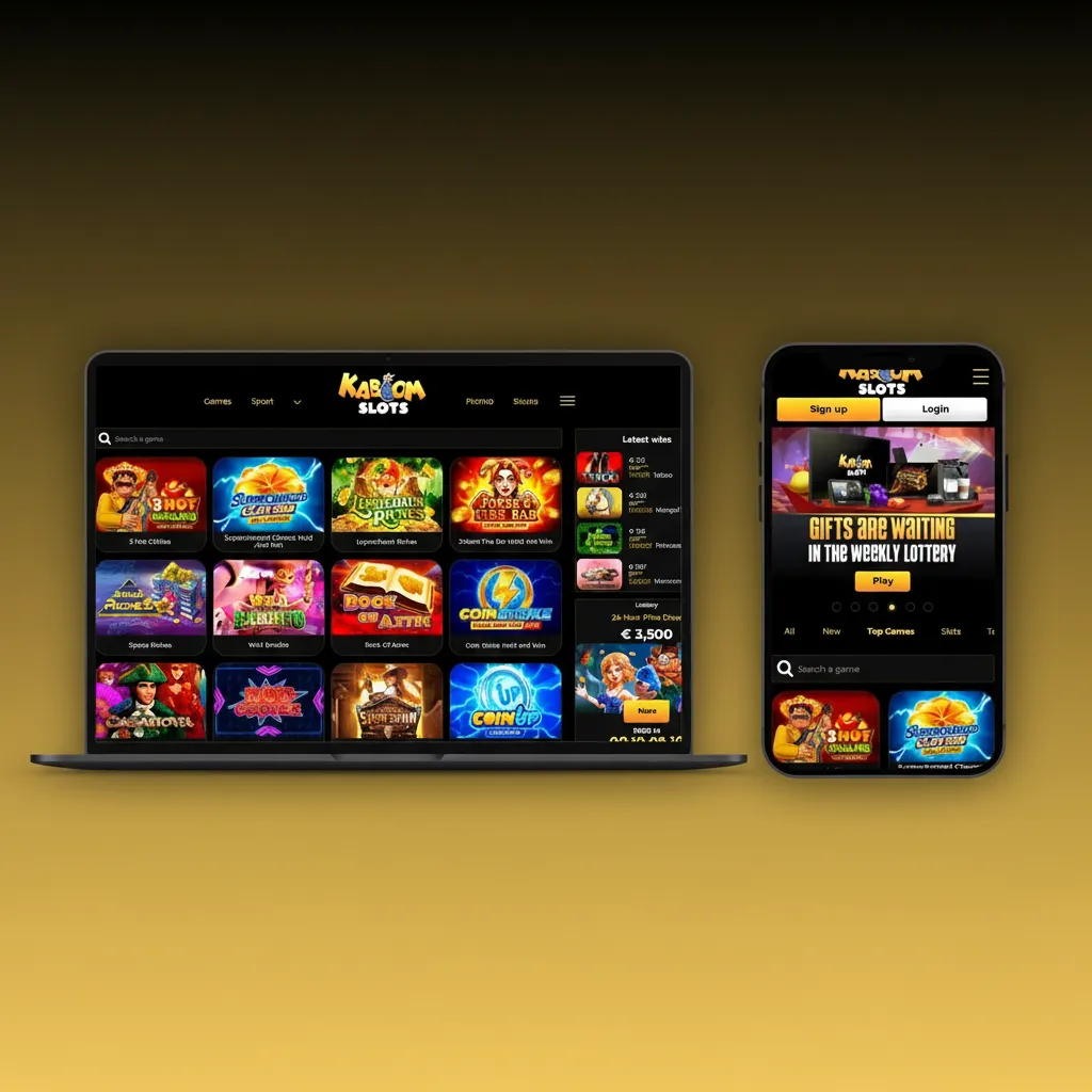 Kaboom Slots site UI shows top bar for Sports, Live, Esports, Casino; quick links for login, register, balance, bet slip.