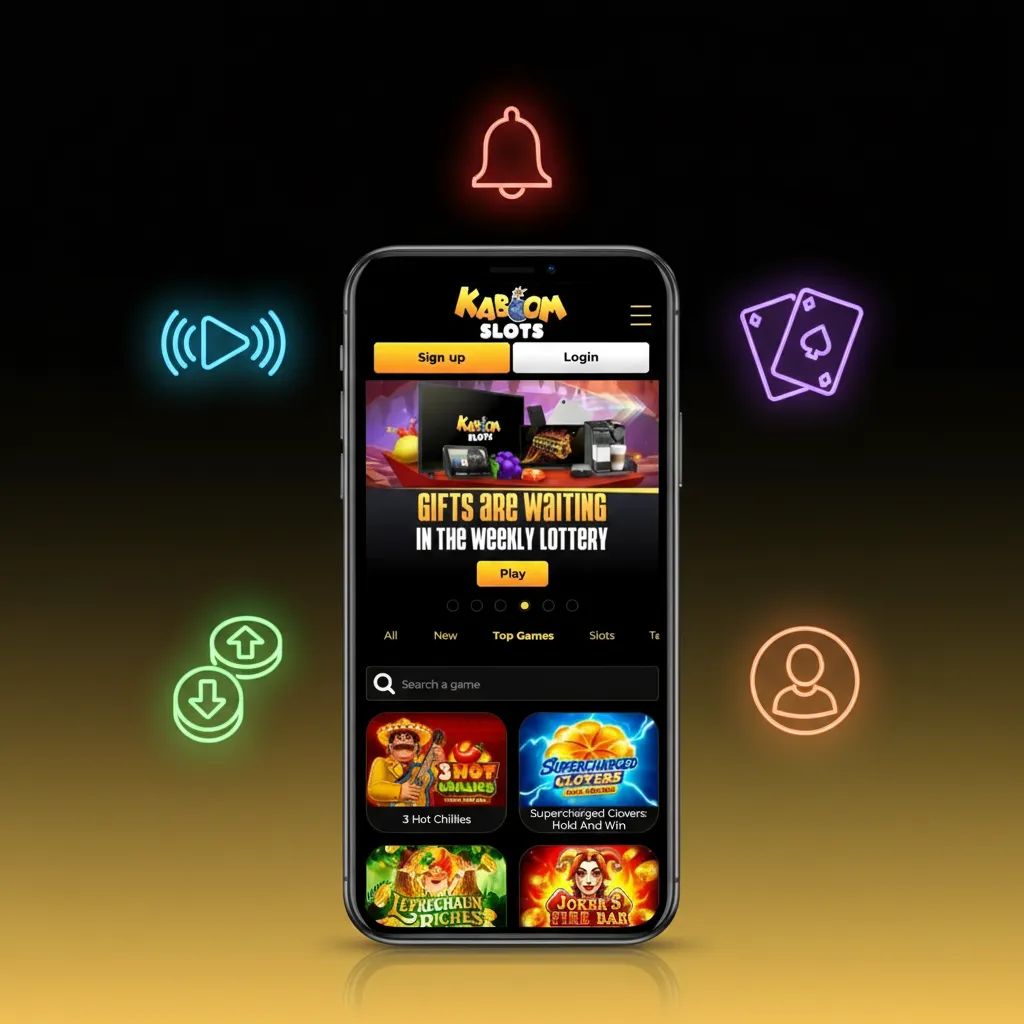 Kaboom Slots app screens highlight sportsbook + casino, in-play odds, cashout, UK payments, and push alerts.