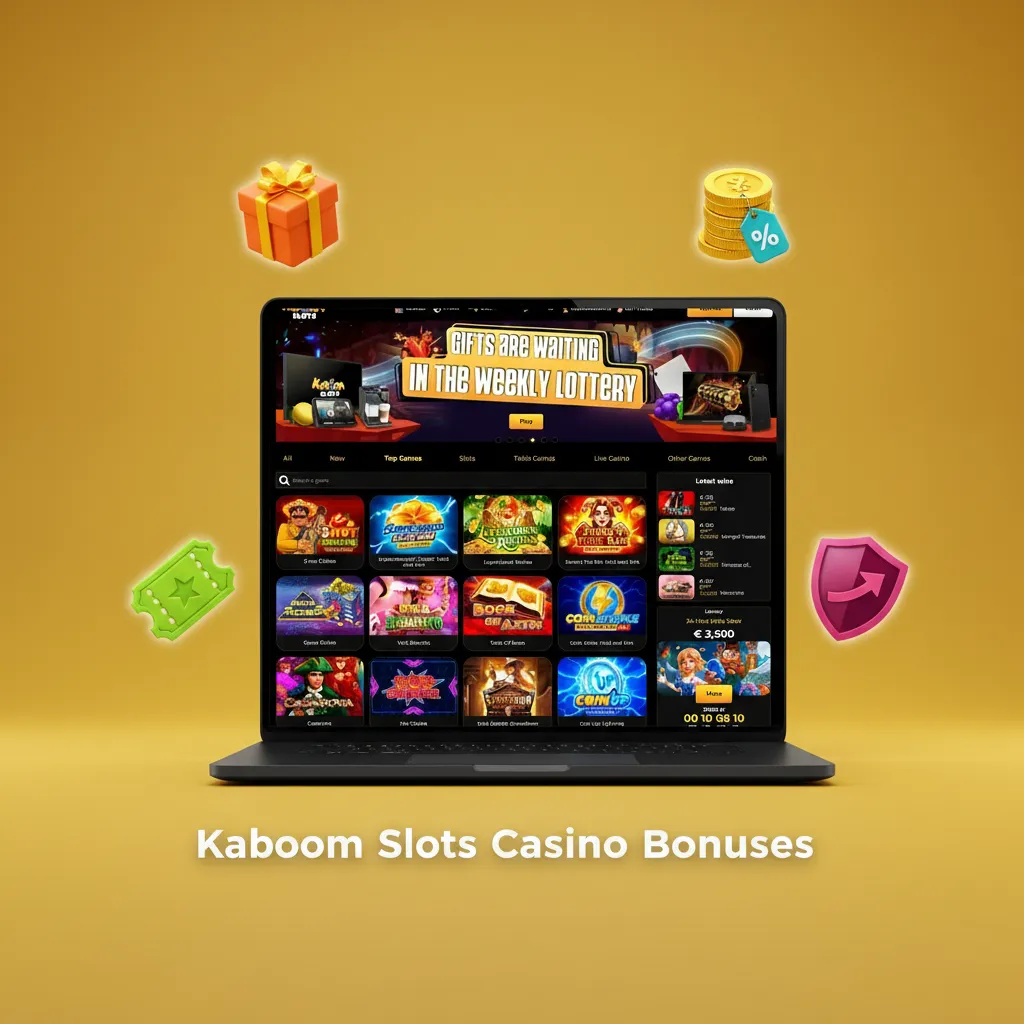 Kaboom Slots promo banner: 50% Friday reload to £200, 40 free spins Tuesday, 10% live cashback, Drops & Wins tournaments.