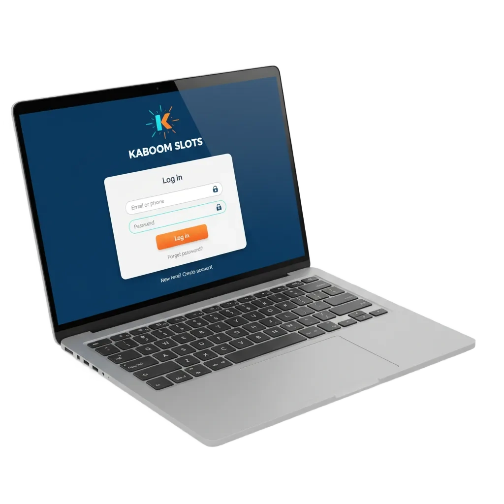Kaboom Slots UK login page with email/username, password, optional 2FA, and links to sports bets, casino, bonuses, payments.
