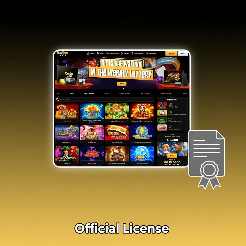 Official license icon for Kaboom Slots; issuer and date in footer/help. UK: audited games, segregated funds, complaints.