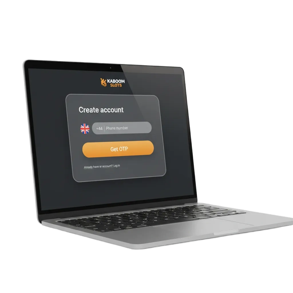 Kaboom Slots UK signup: one-click, phone, email, social; 175% bonus up to €1,000; 18+ slots, live casino, sportsbook