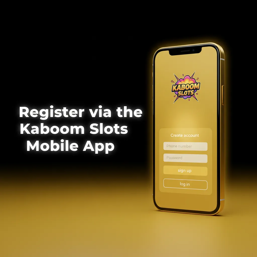 Smartphone showing Kaboom Slots PWA: Add to Home Screen, tap Sign up, choose method, enter details, enable biometrics.