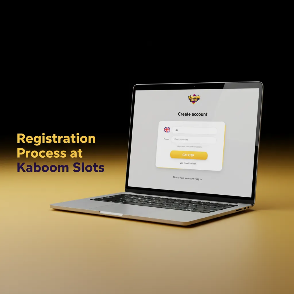 Kaboom Slots registration steps: sign up, enter email and DOB, verify contact, set limits, complete address and KYC.