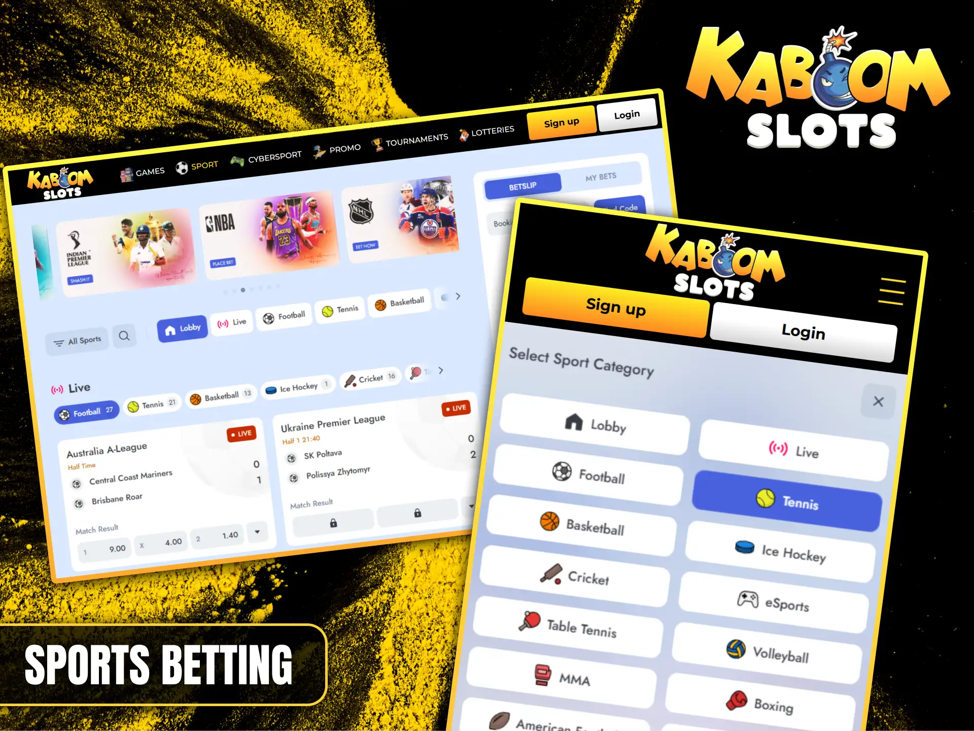 Bet on football, tennis, and many other sports in real time at Kaboom Slots.