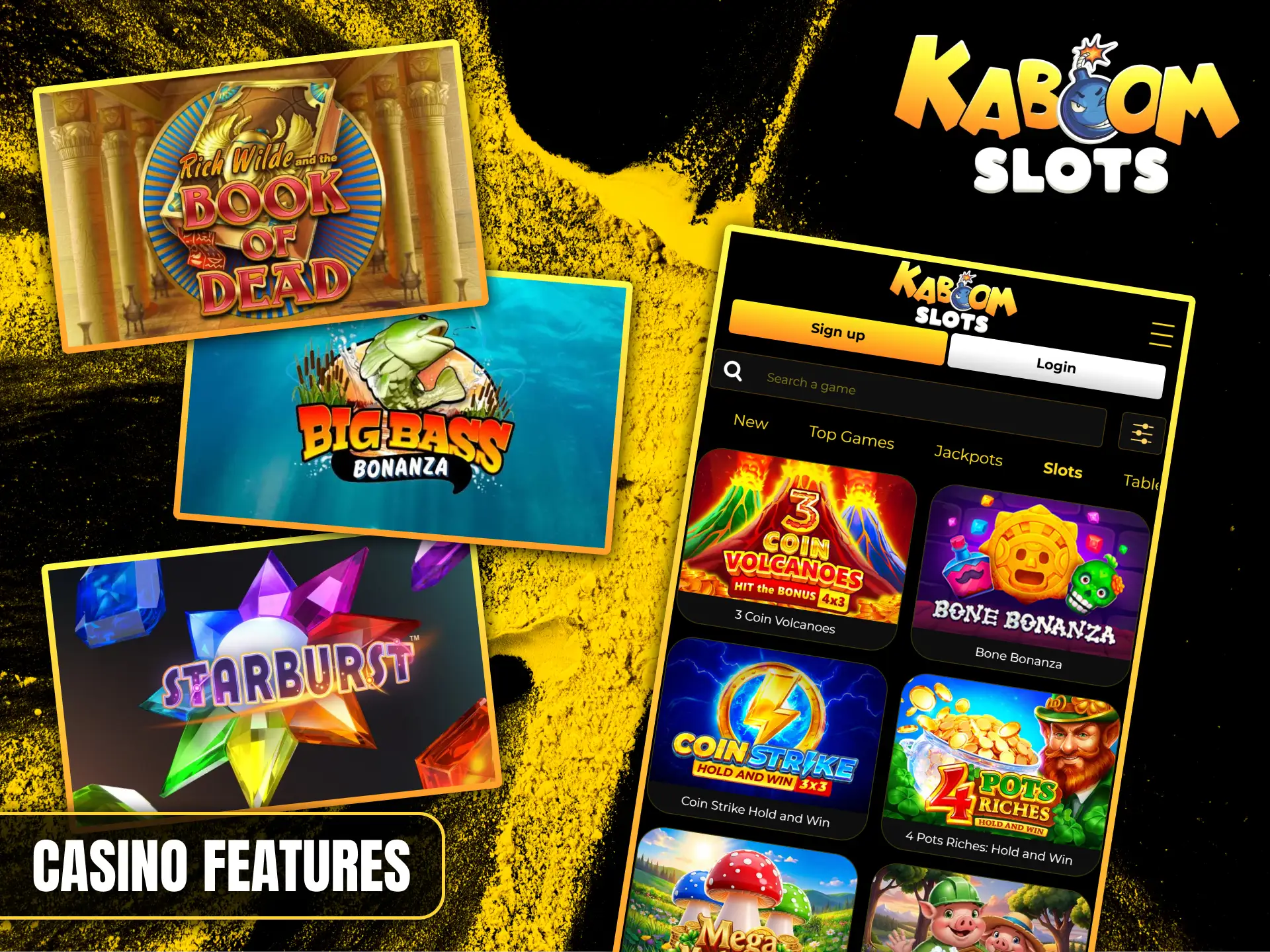 Explore a huge selection of popular slots and jackpots in the Kaboom Slots mobile app.