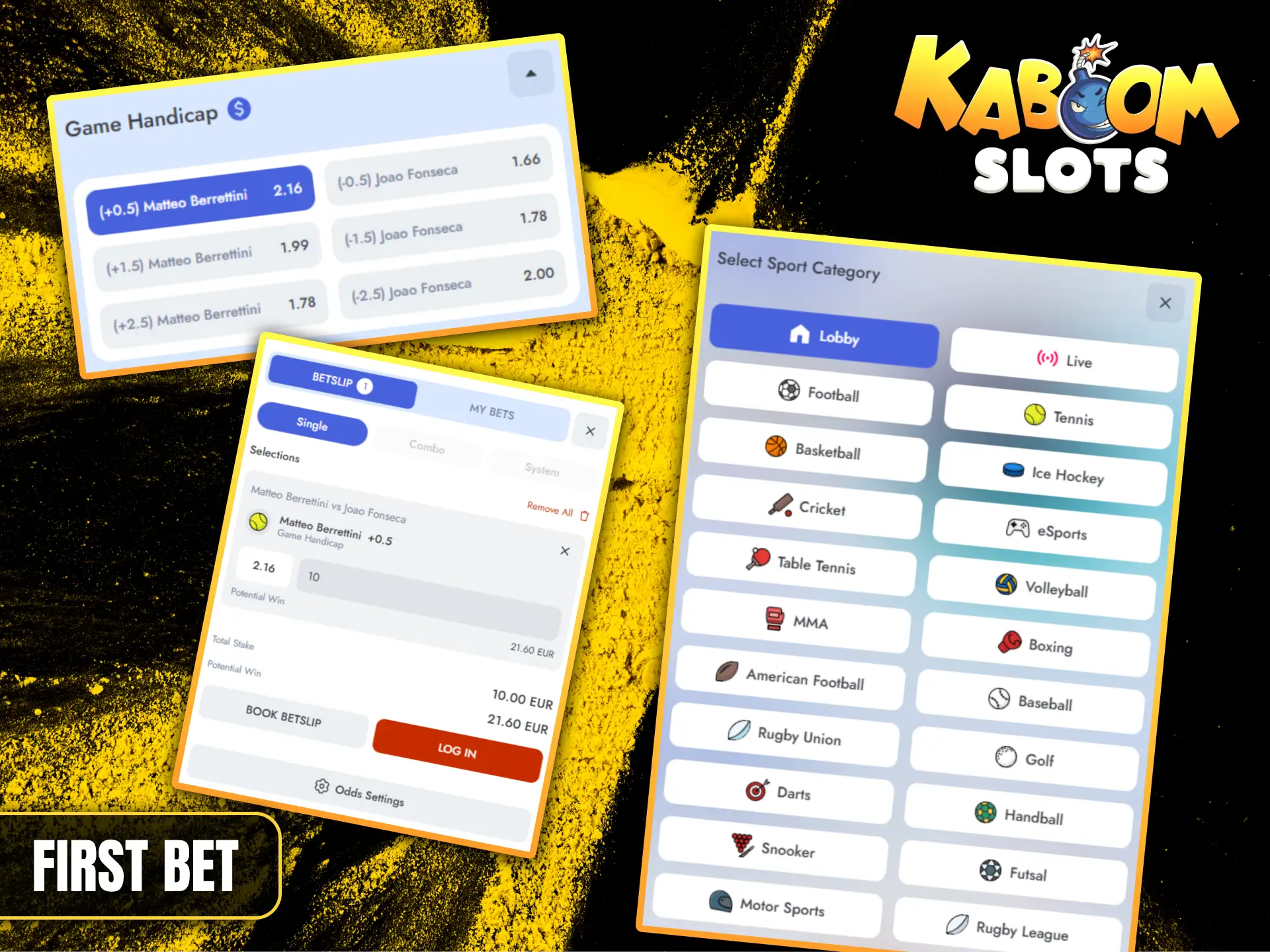 Choose your favorite sport and easily place your first bet in the Kaboom Slots app.