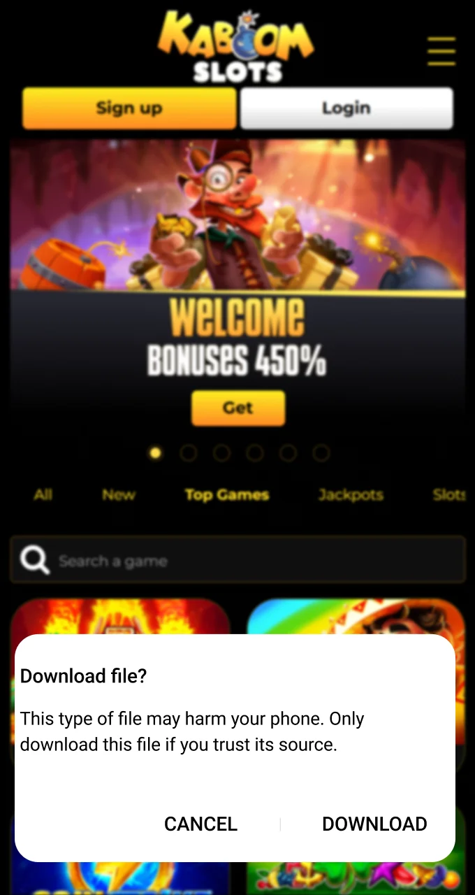 Confirm the file download on your device to begin installing the Kaboom Slots APK file.
