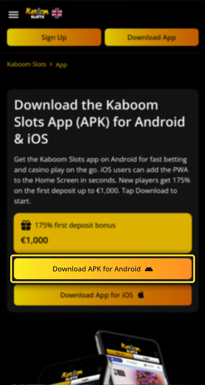 Click the Download APK for Android button to get the Kaboom Slots mobile app.