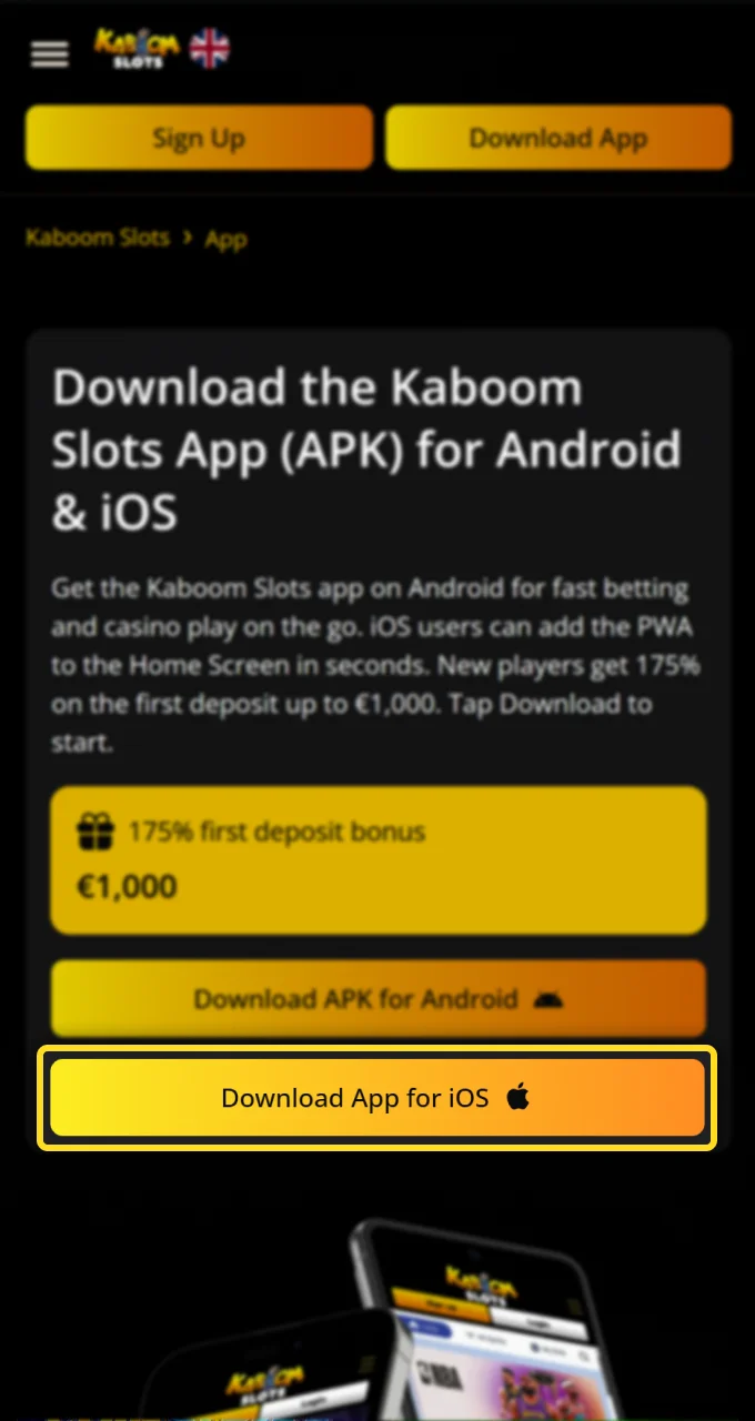 Click the Download iOS App button to start your mobile journey with Kaboom Slots.