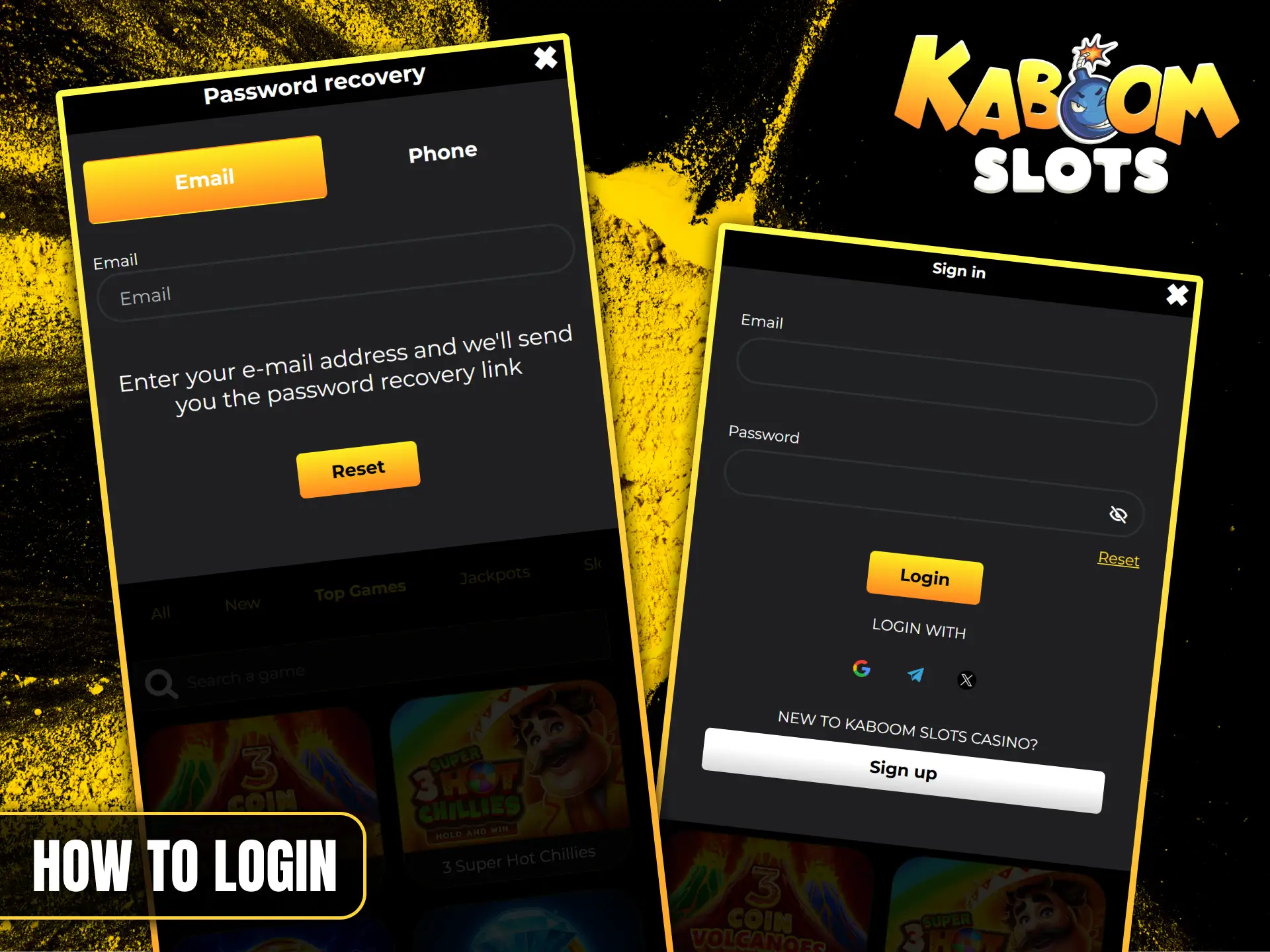 Follow these simple steps to log in to Kaboom Slots.