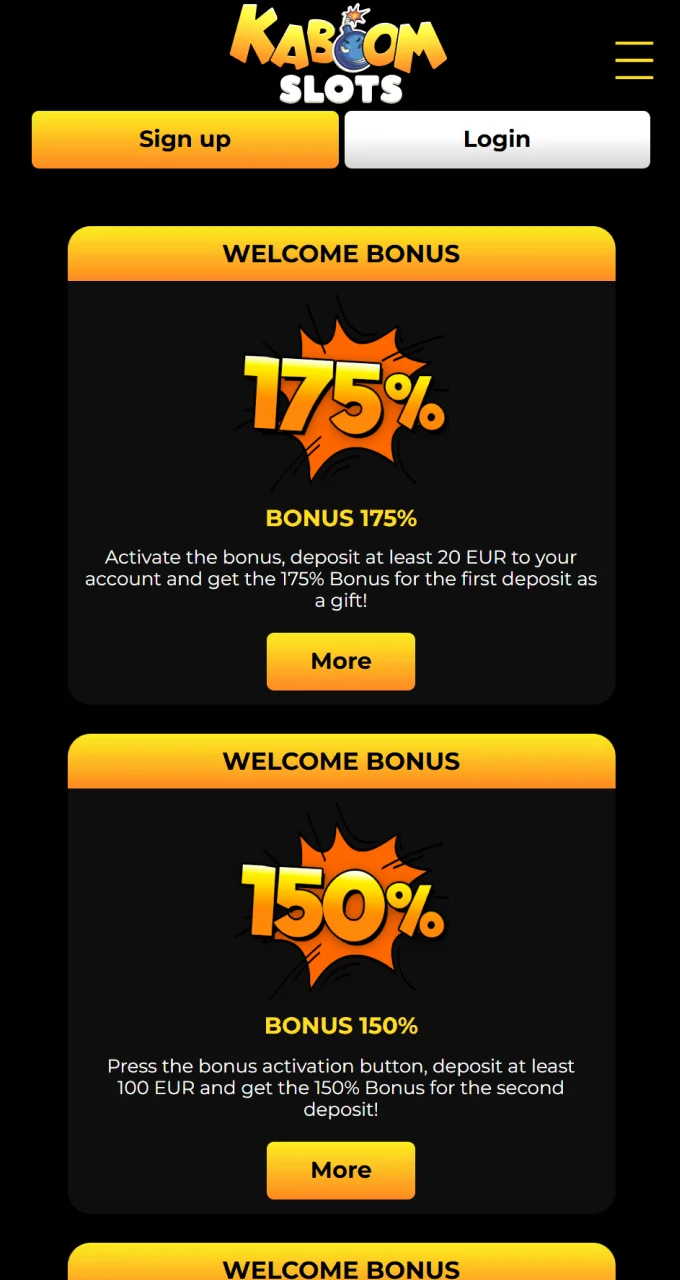 View and activate generous welcome bonuses for your first deposits at Kaboom Slots.