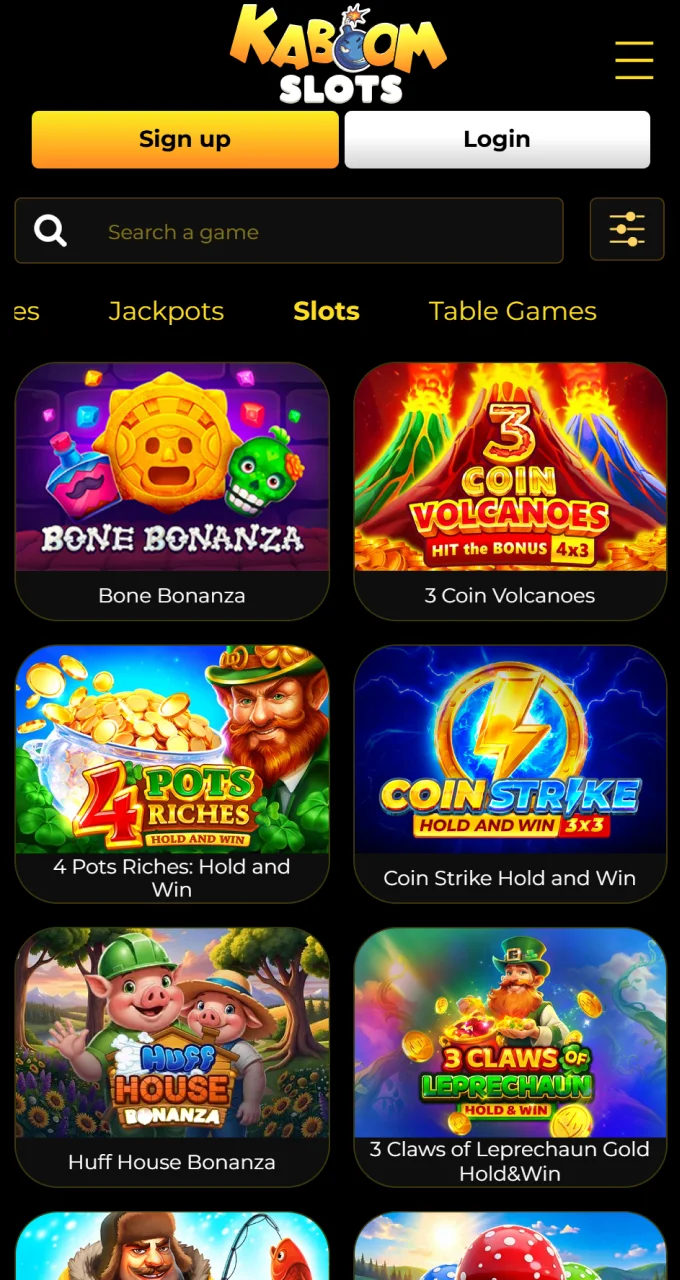 Kaboom Slots' user-friendly interface makes it easy to find your favorite games in the casino section.