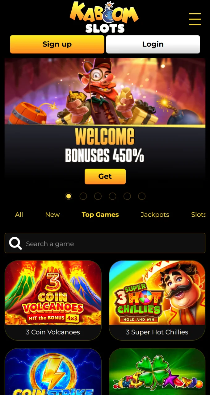 Discover the best games and exclusive offers on the Kaboom Slots app homepage.