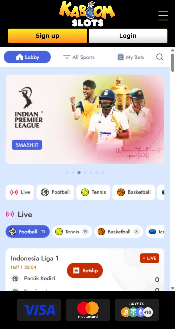Bet on the Indian Premier League and other live sports using the Kaboom Slots app.