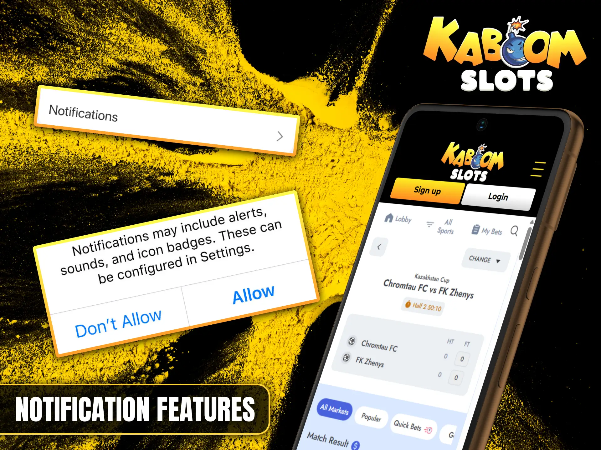 Enable notifications in Kaboom Slots to receive instant alerts about new bonuses and sports results.
