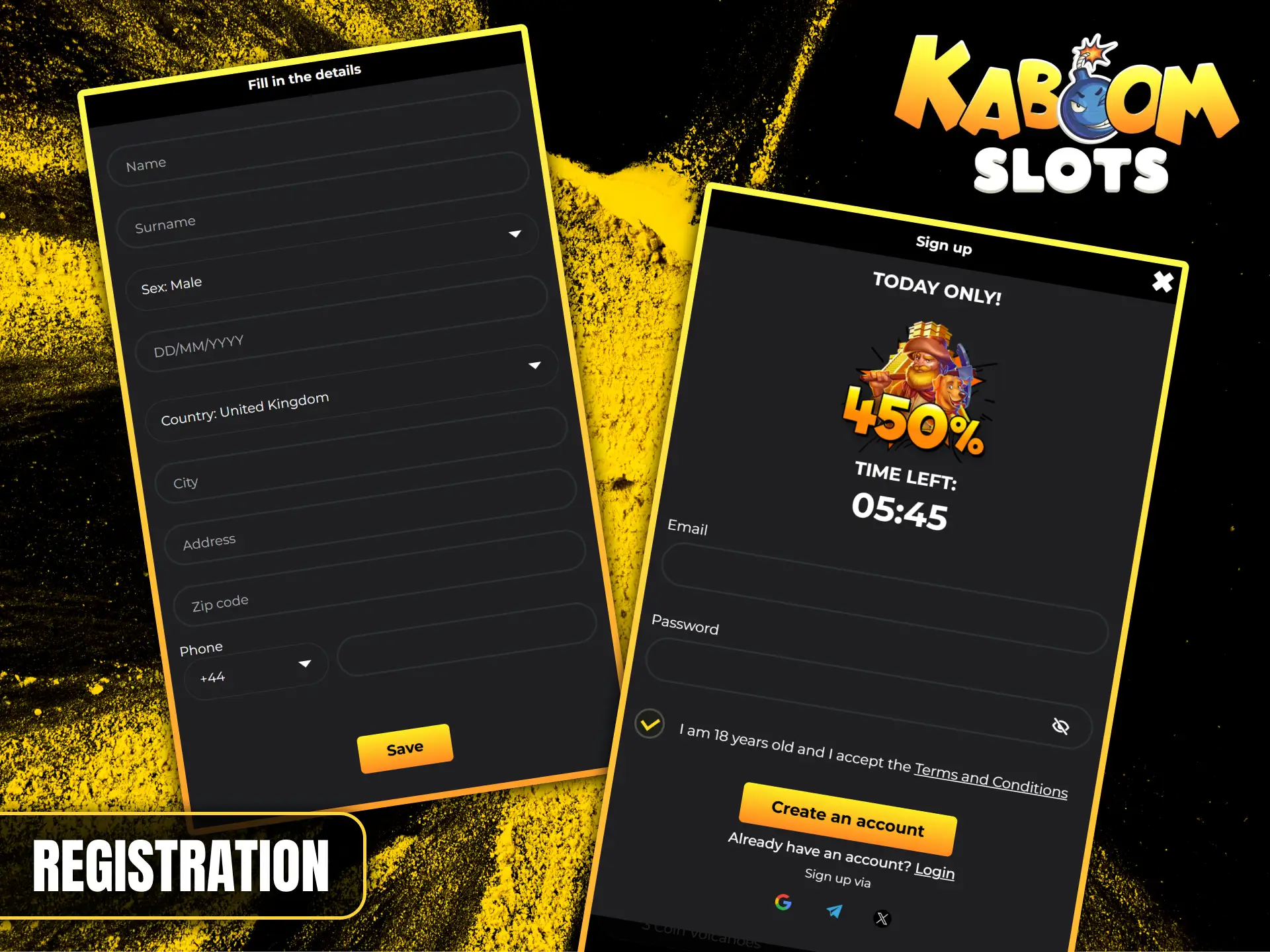 Fill in your details and click Create Account to join Kaboom Slots and receive bonuses.