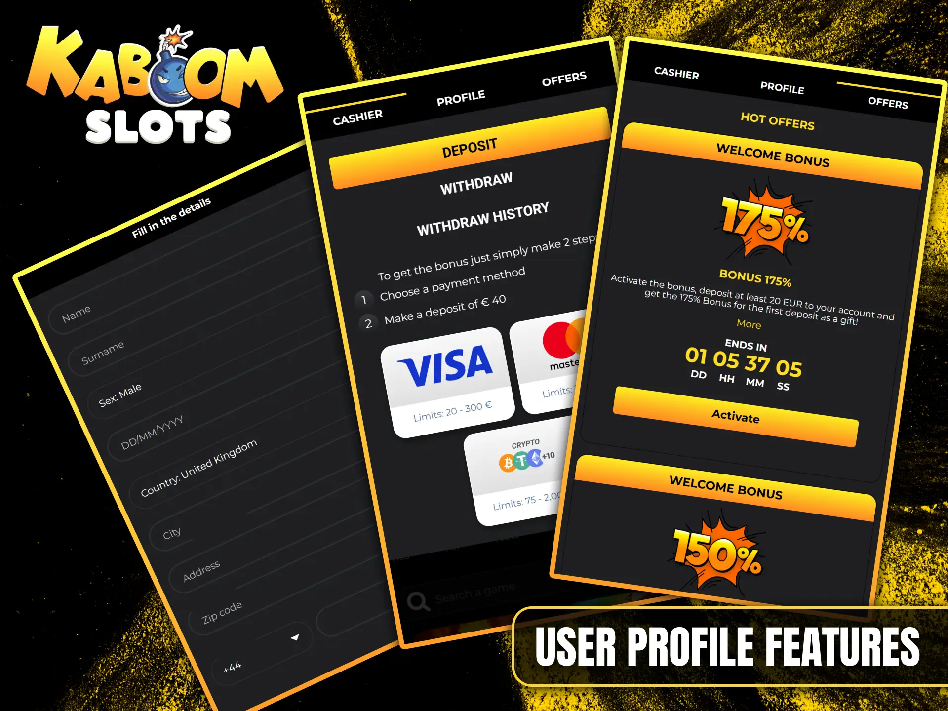 Easily manage your profile, deposits, and hot offers through the Kaboom Slots mobile interface.