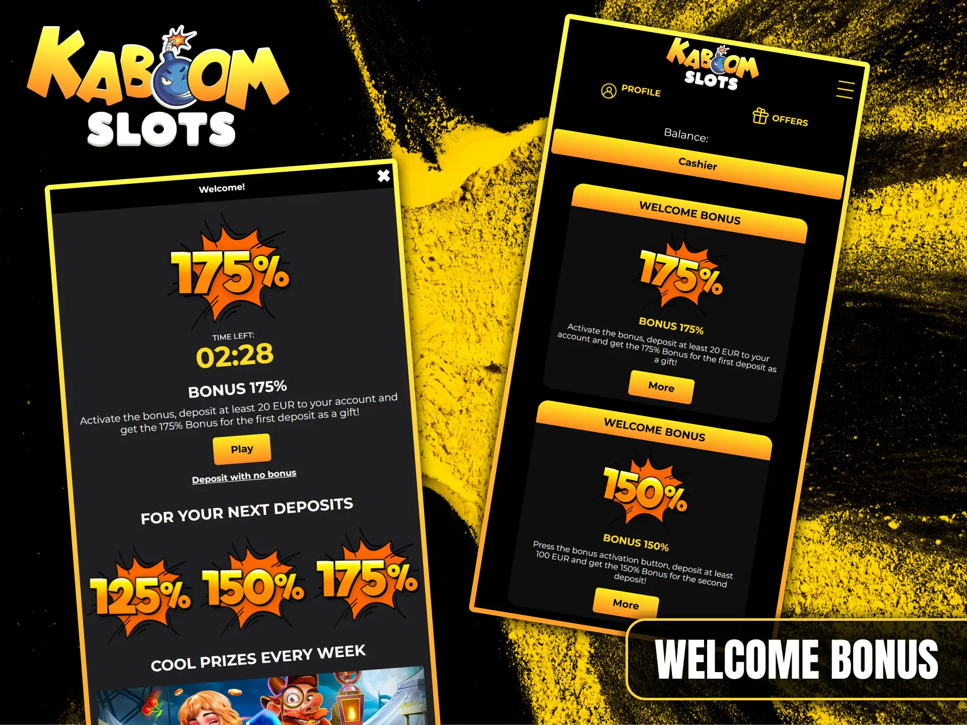 Activate your welcome bonus at Kaboom Slots and start winning big prizes today.