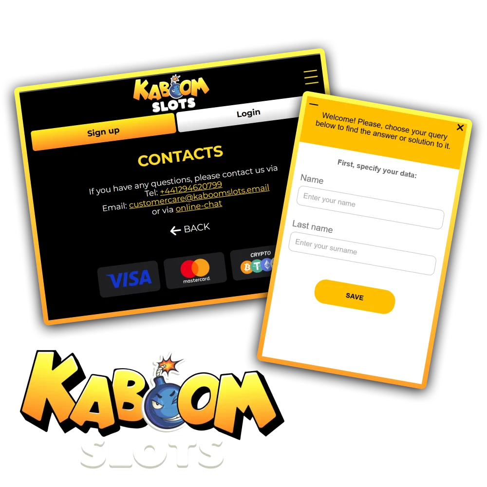 Contact Kaboom Slots support via phone, email or live chat.