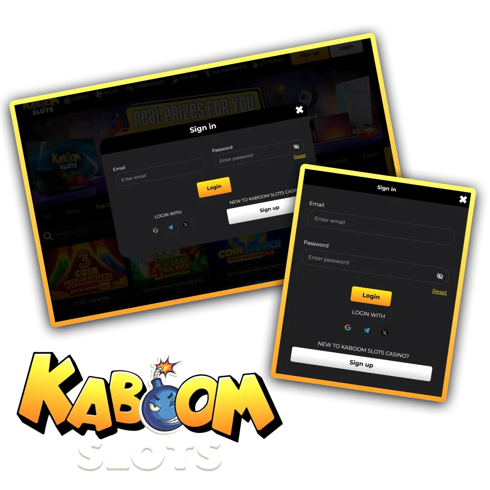 Open the Kaboom Slots login window to access your account and start playing.