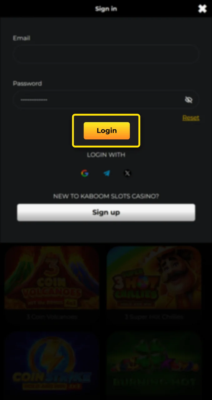 Click on the login button to access your Kaboom Slots player profile.
