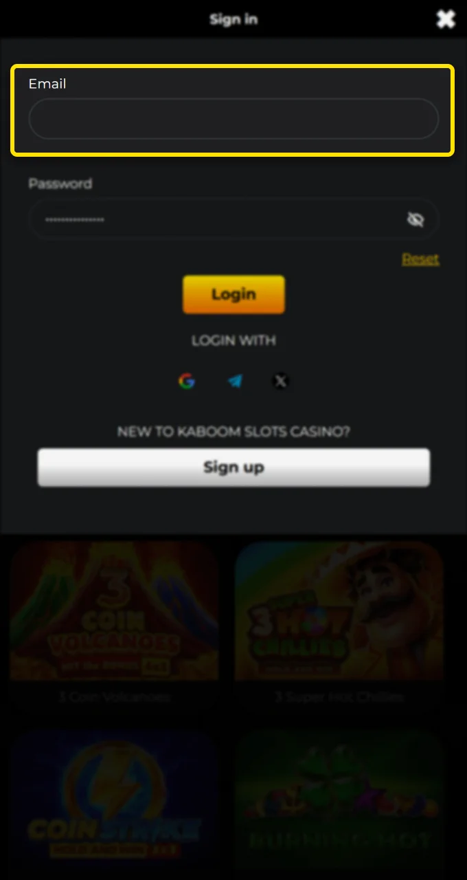 Type your registered email address in the box to sign in to Kaboom Slots.