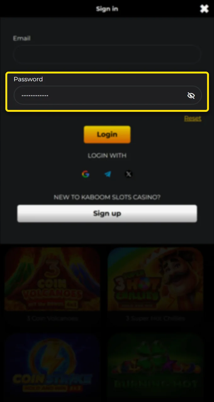Please enter your account password in the designated field on the Kaboom Slots website to continue.