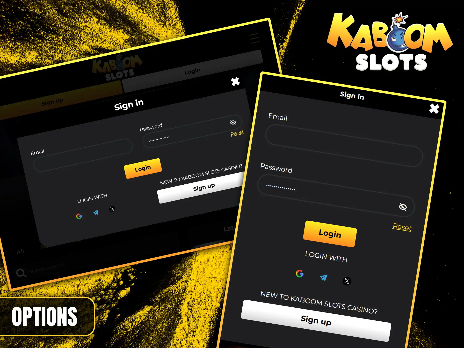 To access Kaboom Slots, please enter your login details or register a new player account.