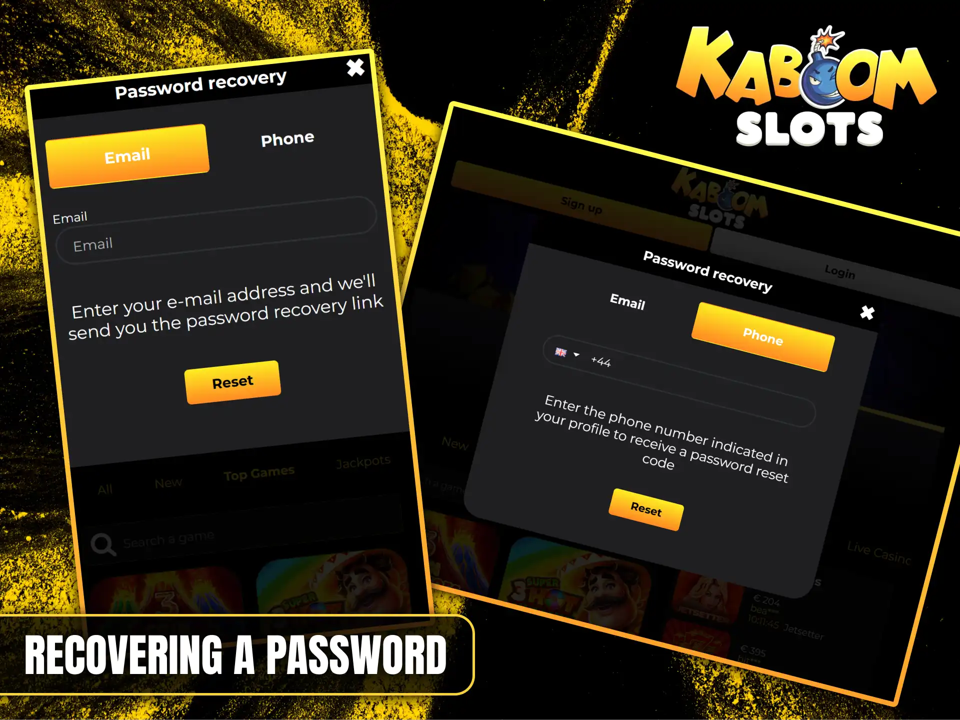 Follow the simple steps to reset your Kaboom Slots account password via email or phone.