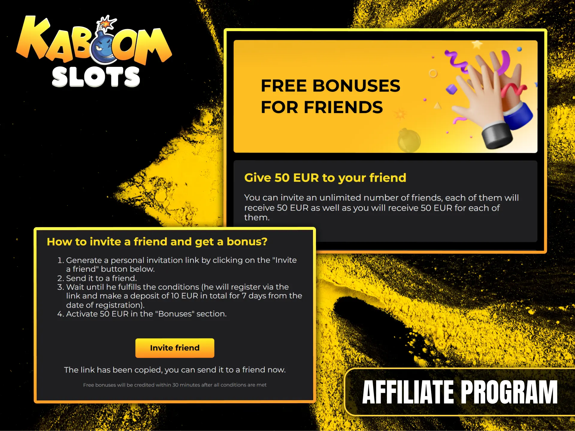 Invite players to Kaboom Slots and earn affiliate rewards.