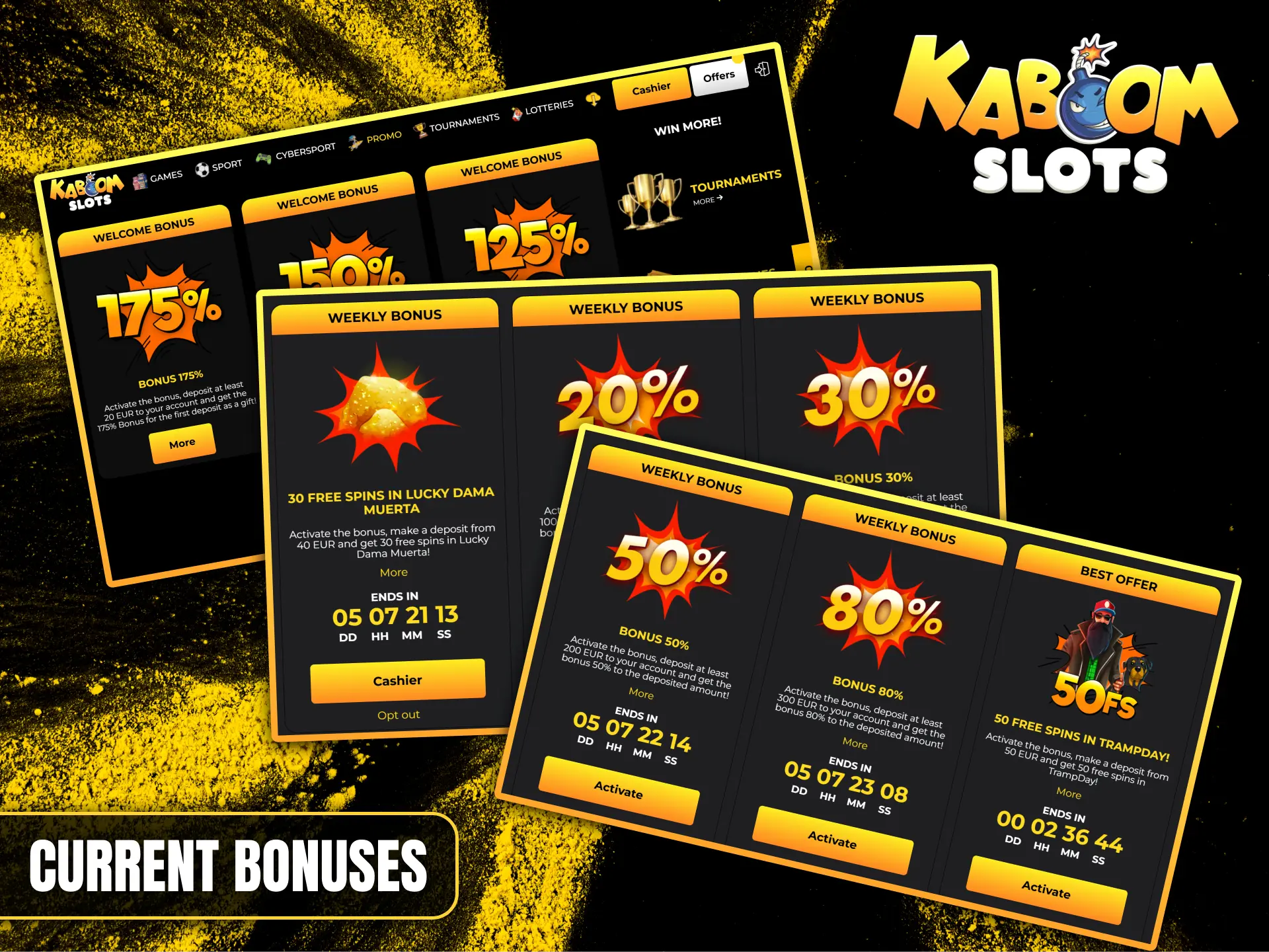Check out the current bonuses and offers available at Kaboom Slots.