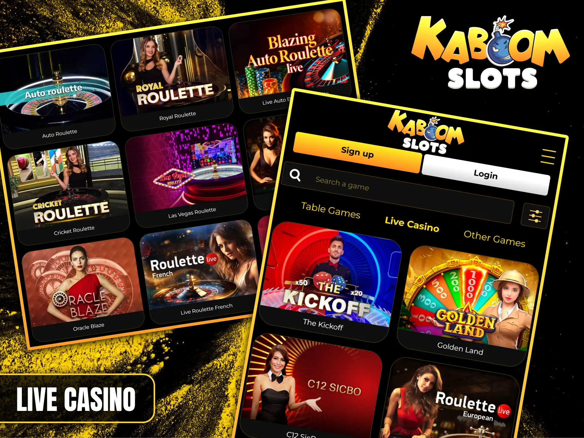 Kaboom Slots Casino offers exciting live dealer games like Roulette and Sic Bo.