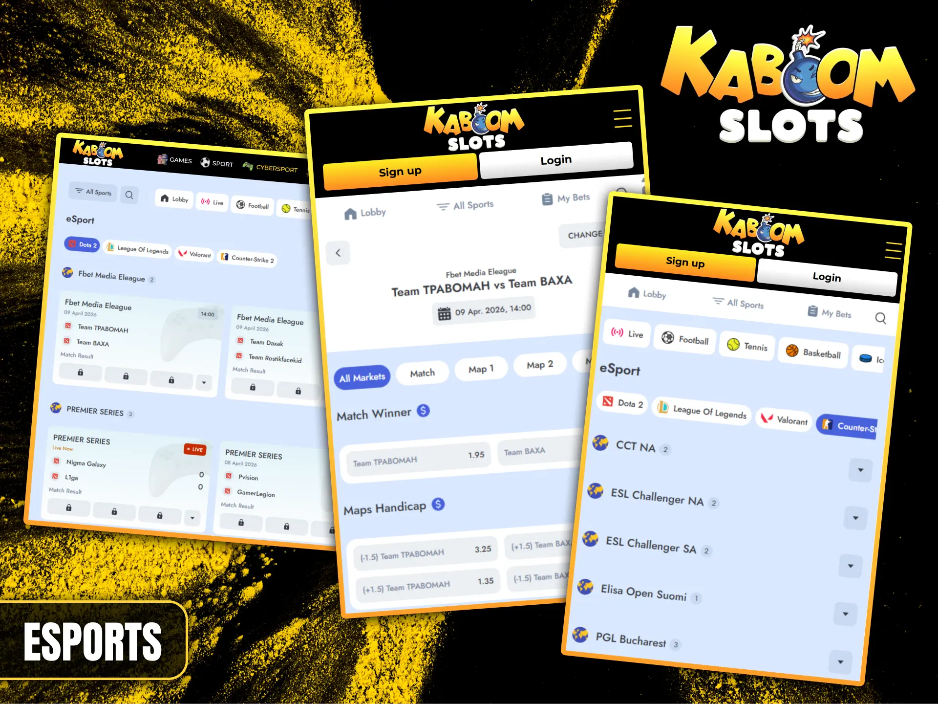 Place your bets on your favorite esports events through Kaboom Slots.