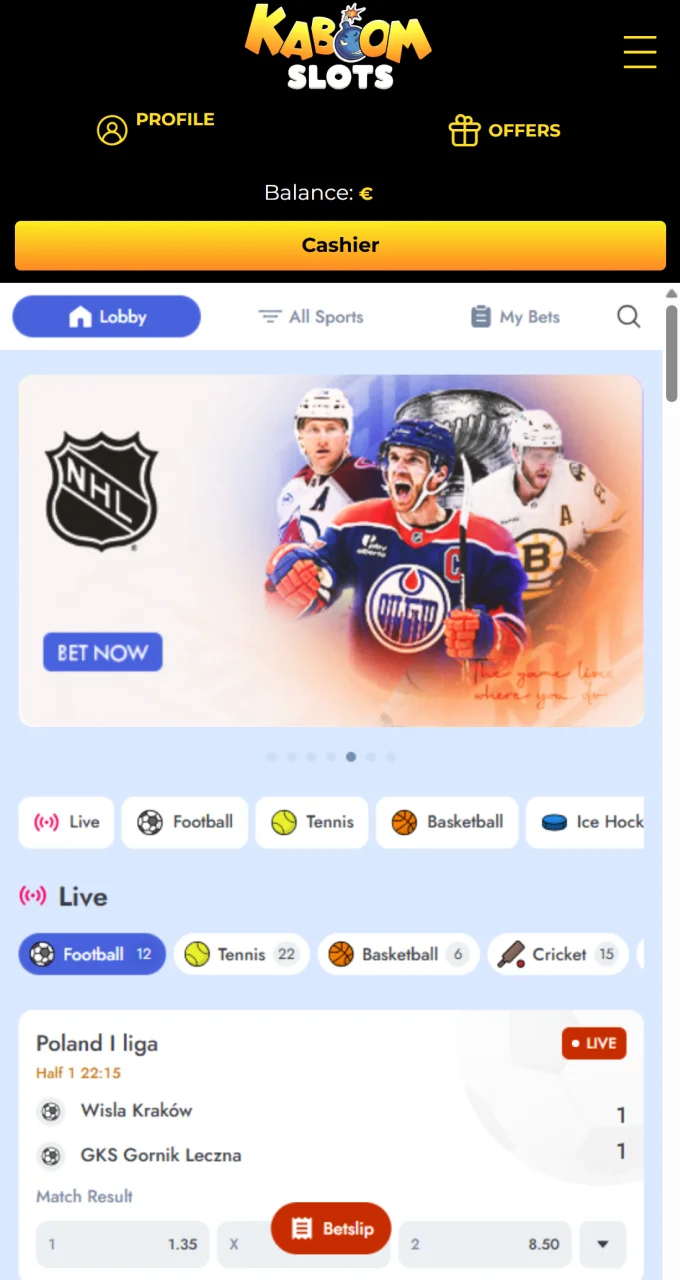 Select from various sports categories like football or tennis to place bets at Kaboom Slots.