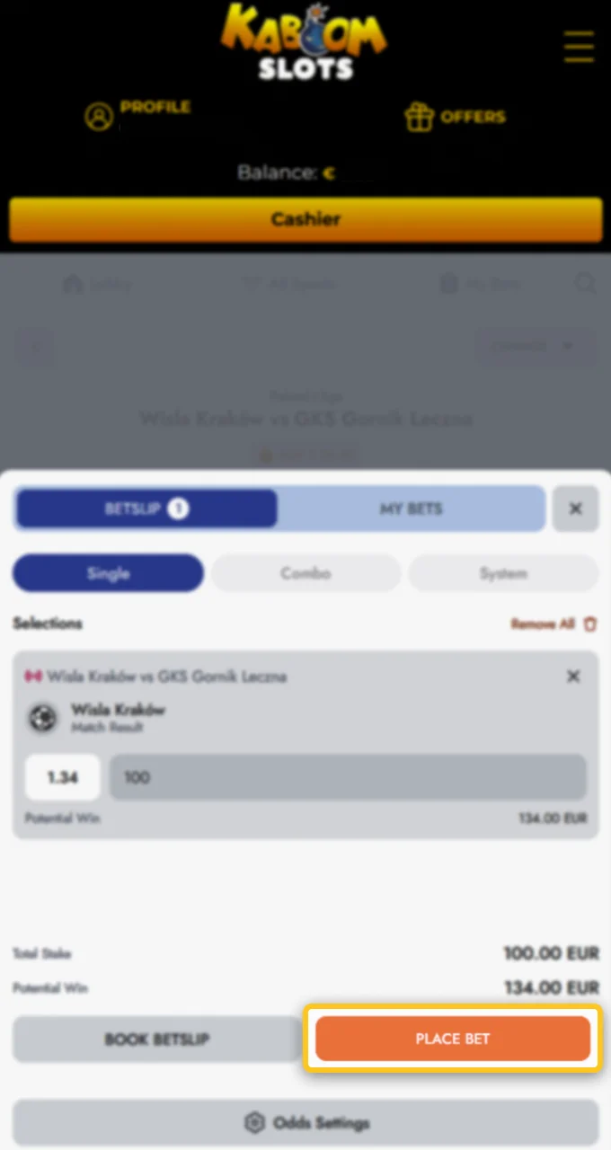 Check your selection and confirm your bet at Kaboom Slots.