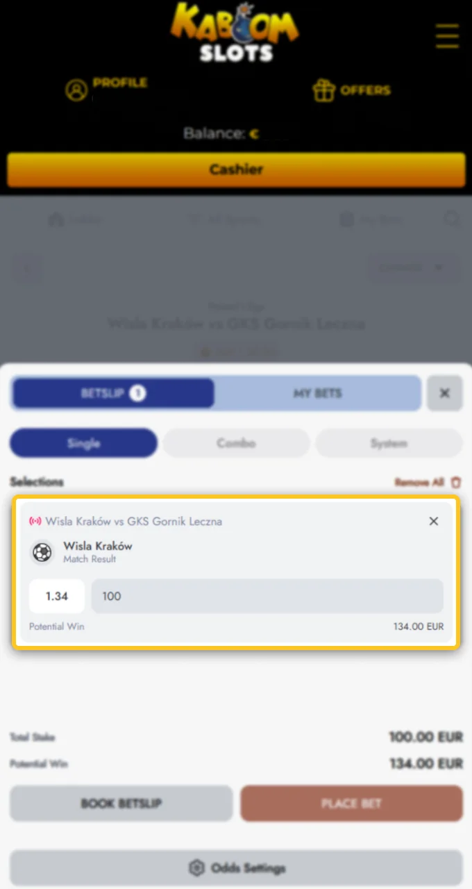 Enter your desired stake amount in the betslip to see potential winnings at Kaboom Slots.