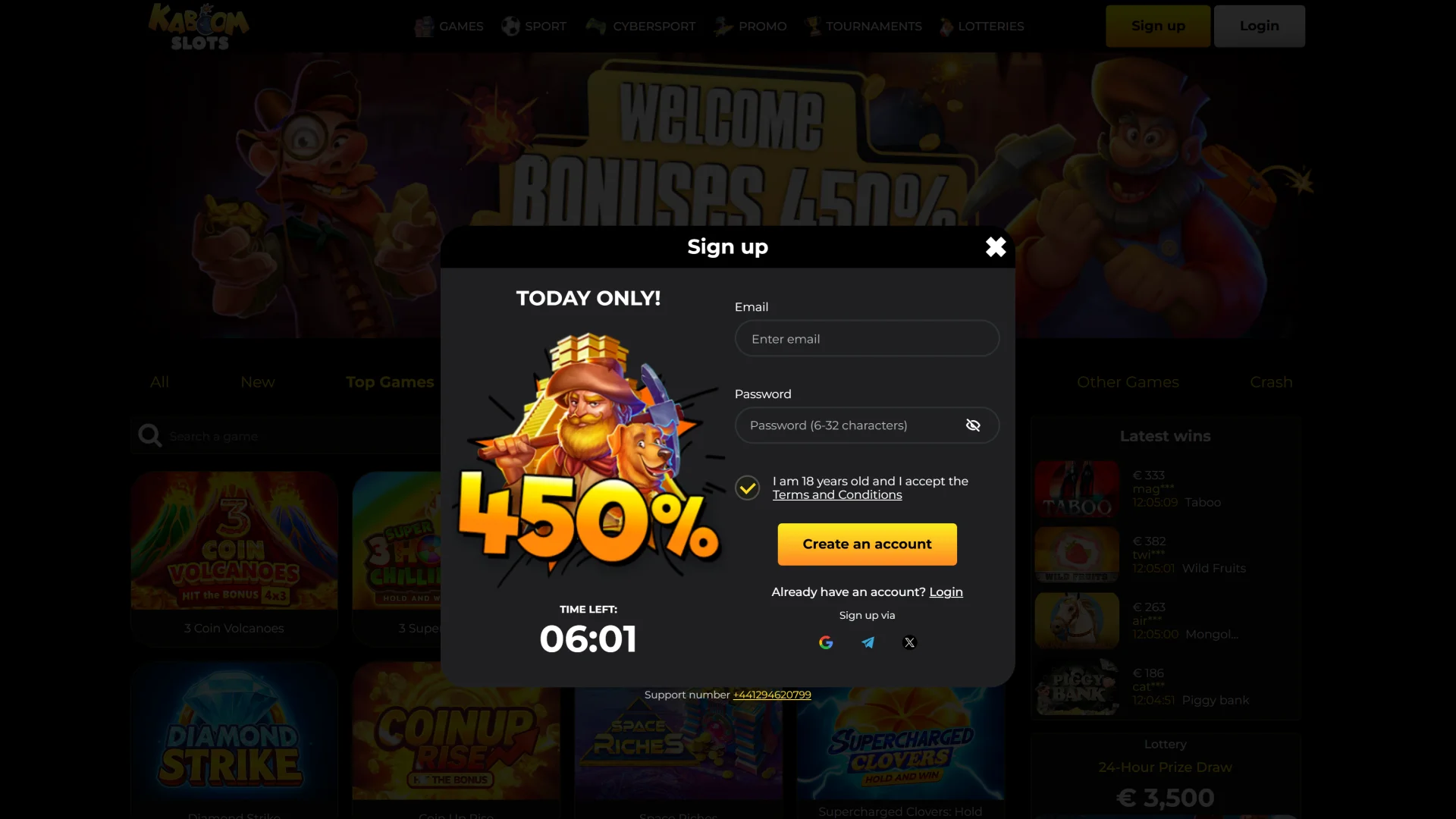 Click the sign-up button on Kaboom Slots to create your account in seconds.
