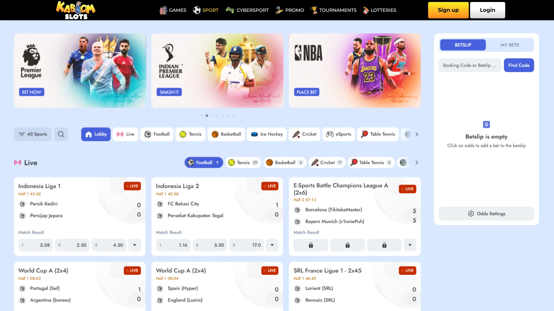 Bet on your favorite live sports events and leagues through the Kaboom Slots sportsbook.