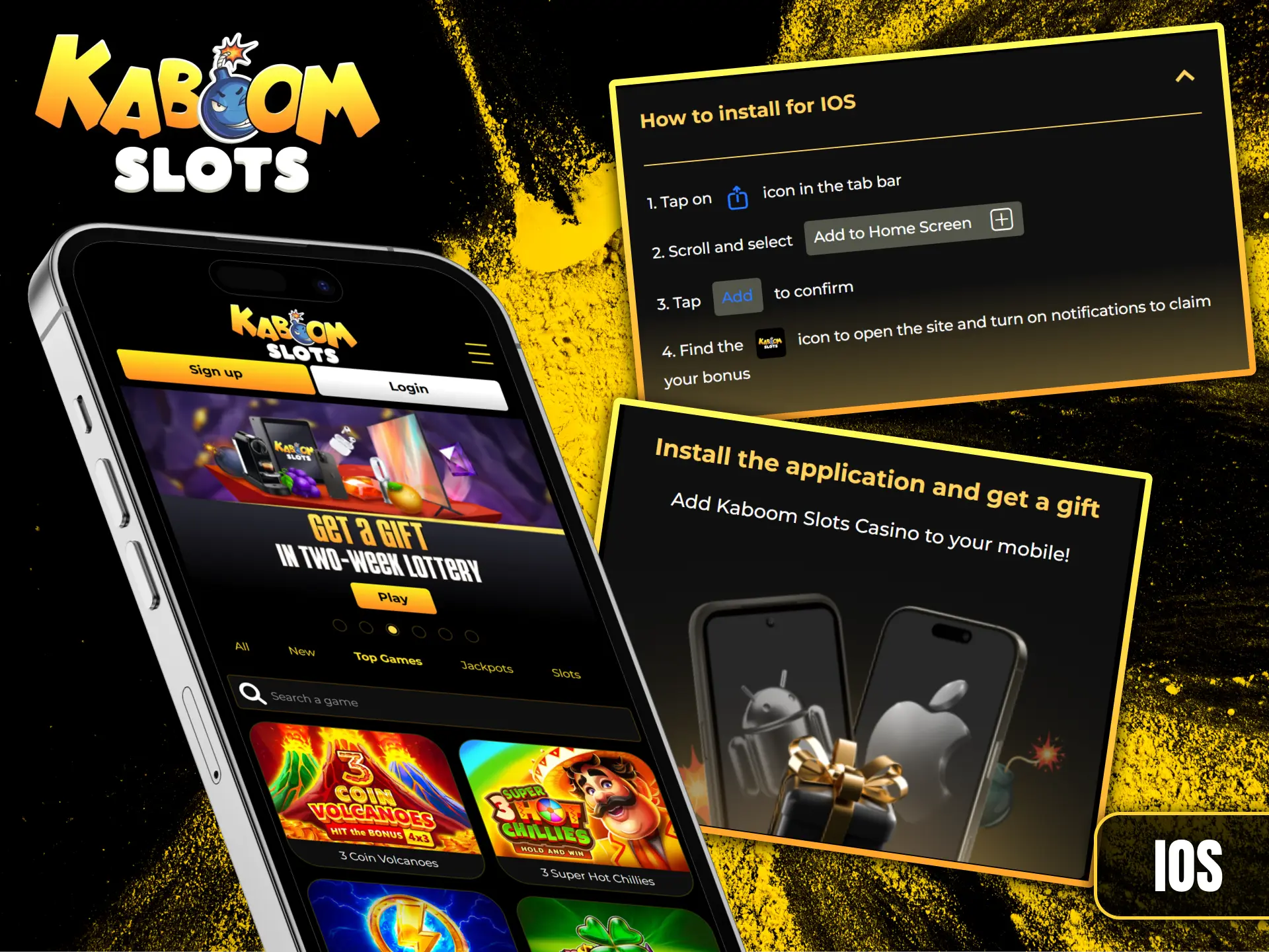 Follow the simple instructions to install the Kaboom Slots mobile app on your iOS devices.