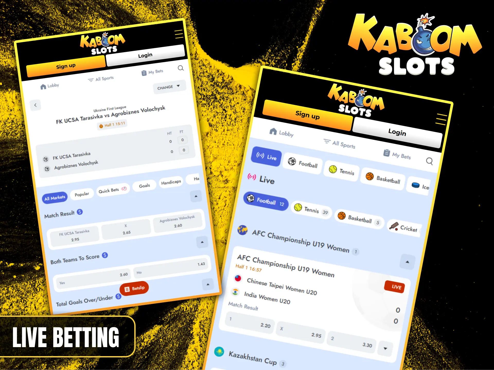 Place live bets on football and basketball matches at Kaboom Slots.