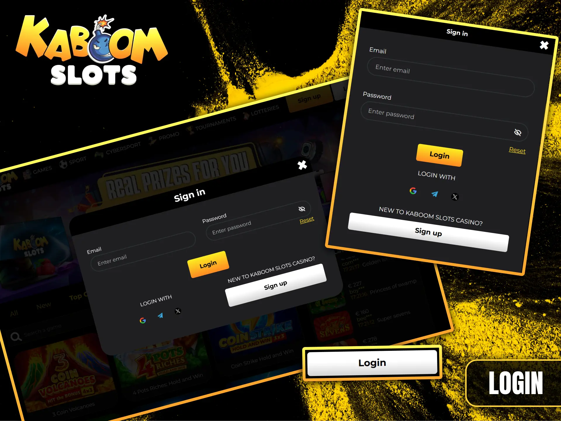 Enter your email address and password to log in to your Kaboom Slots account.