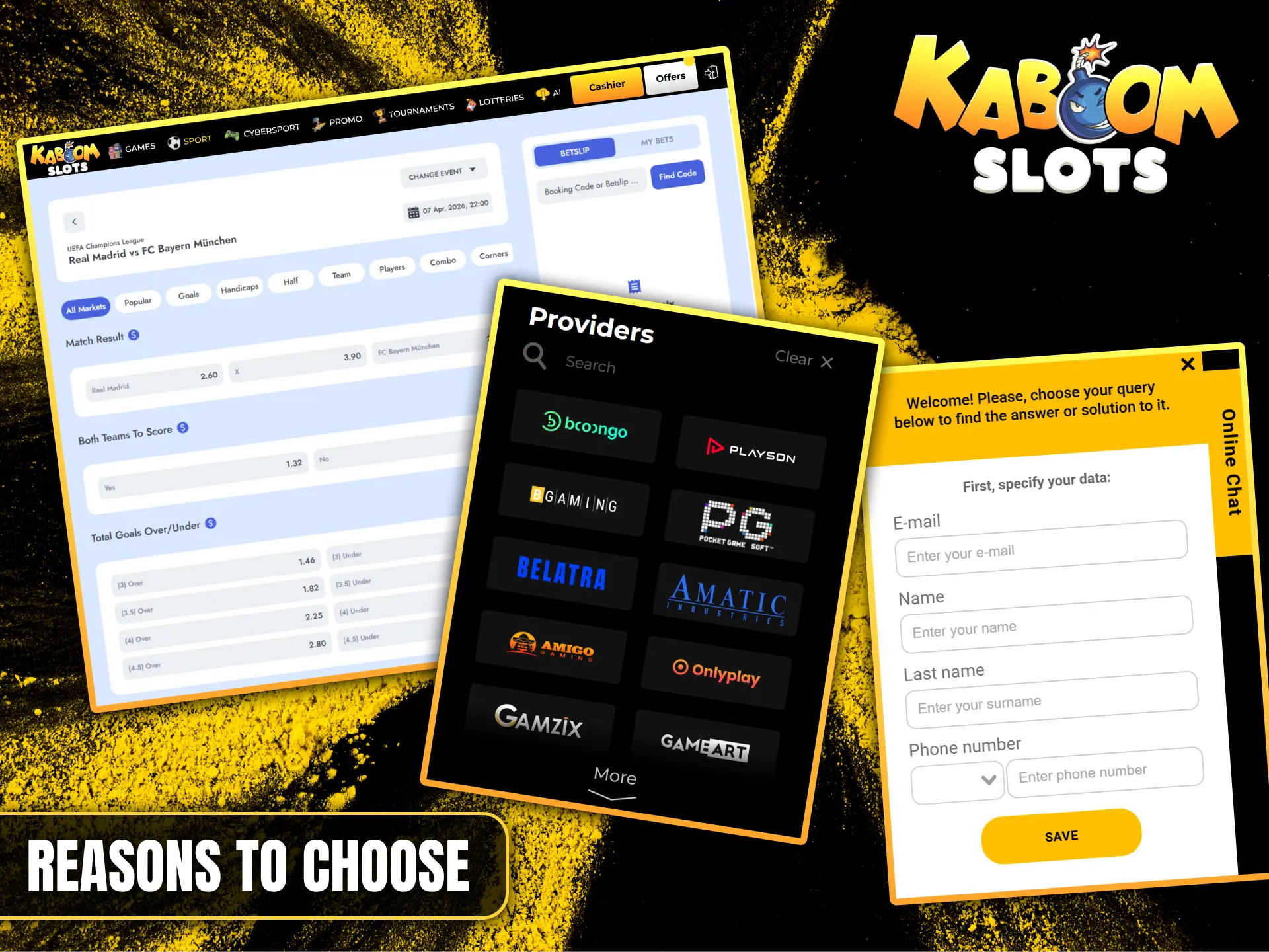 Discover the best game providers and 24/7 support available at Kaboom Slots.