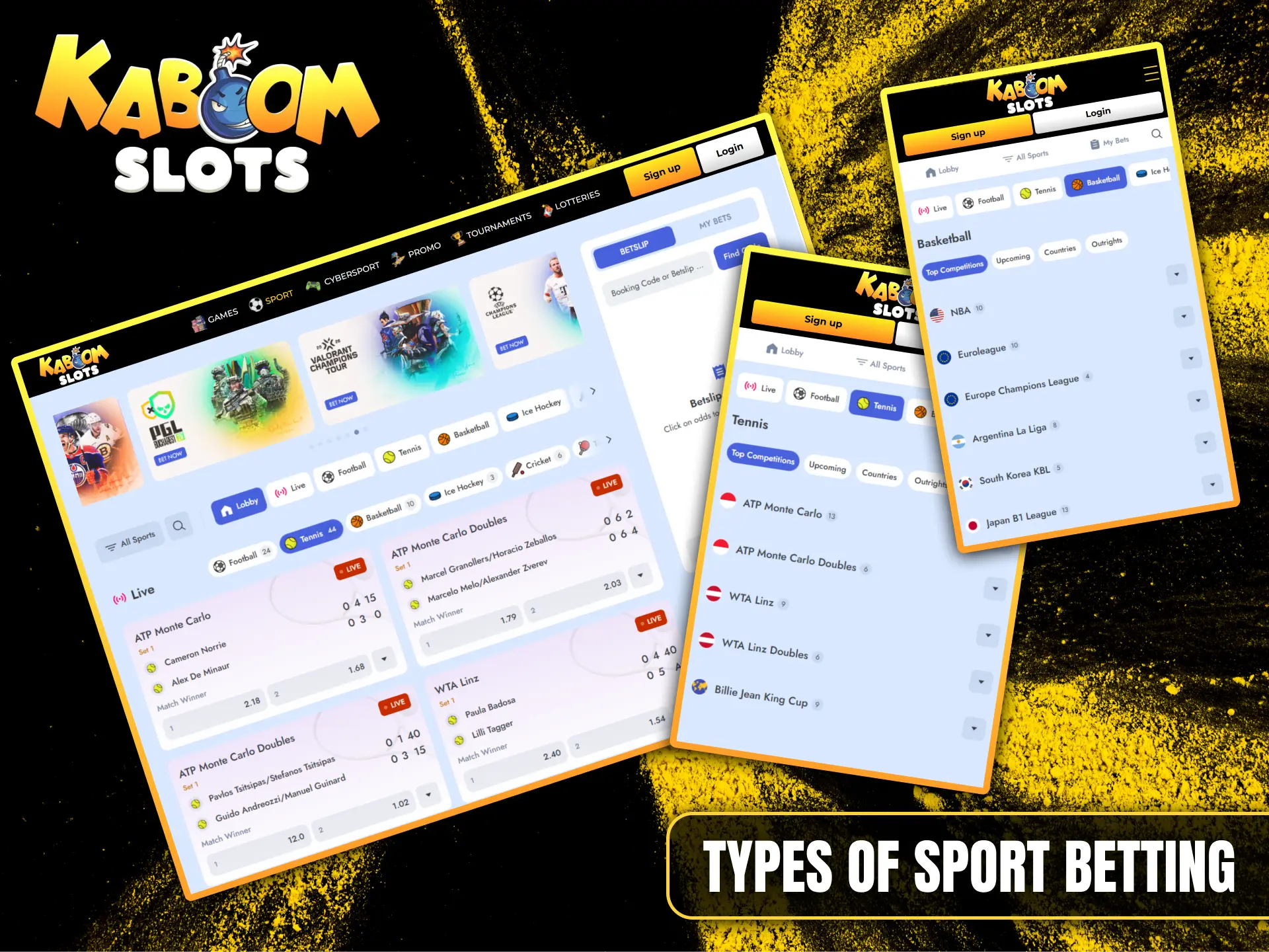 Place winning bets on tennis, basketball, and football matches at Kaboom Slots.
