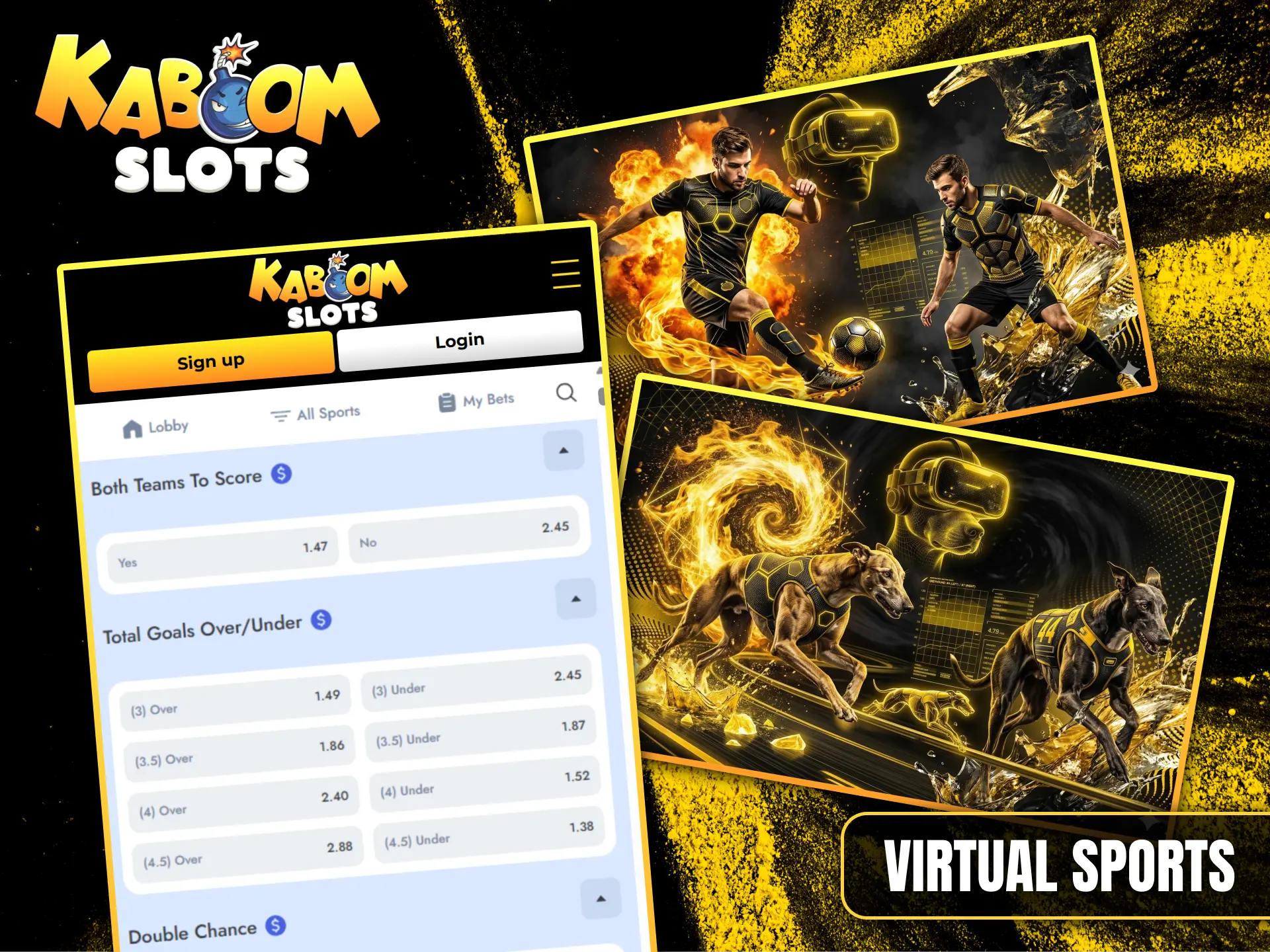 Experience the thrill of virtual football and horse racing betting at Kaboom Slots.