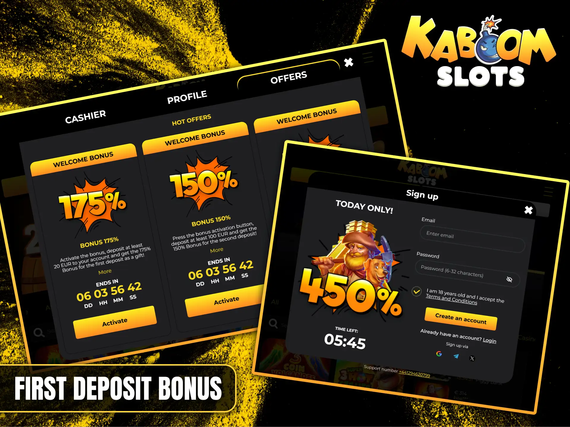 When you register at Kaboom Slots, you will receive a welcome bonus on your first deposit.