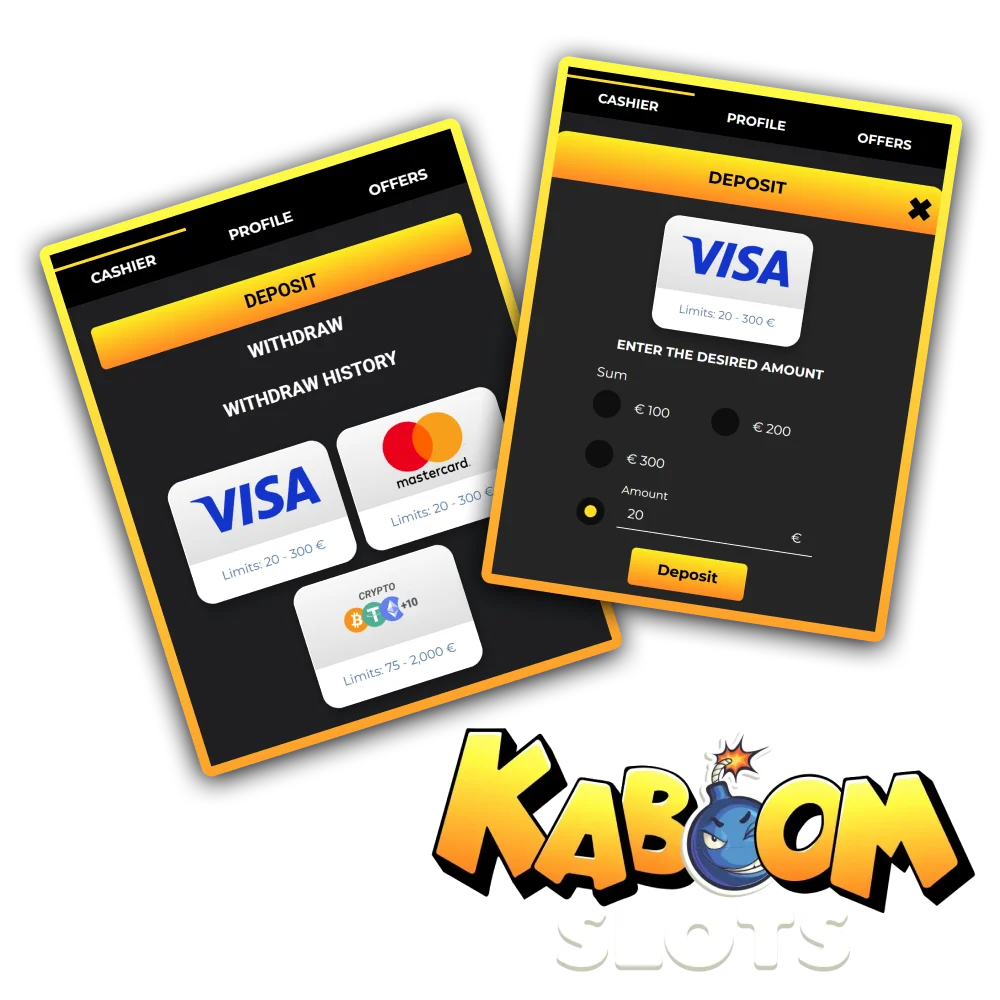 Depositing funds to Kaboom Slots using Visa, Mastercard, or various cryptocurrencies is easy and convenient.