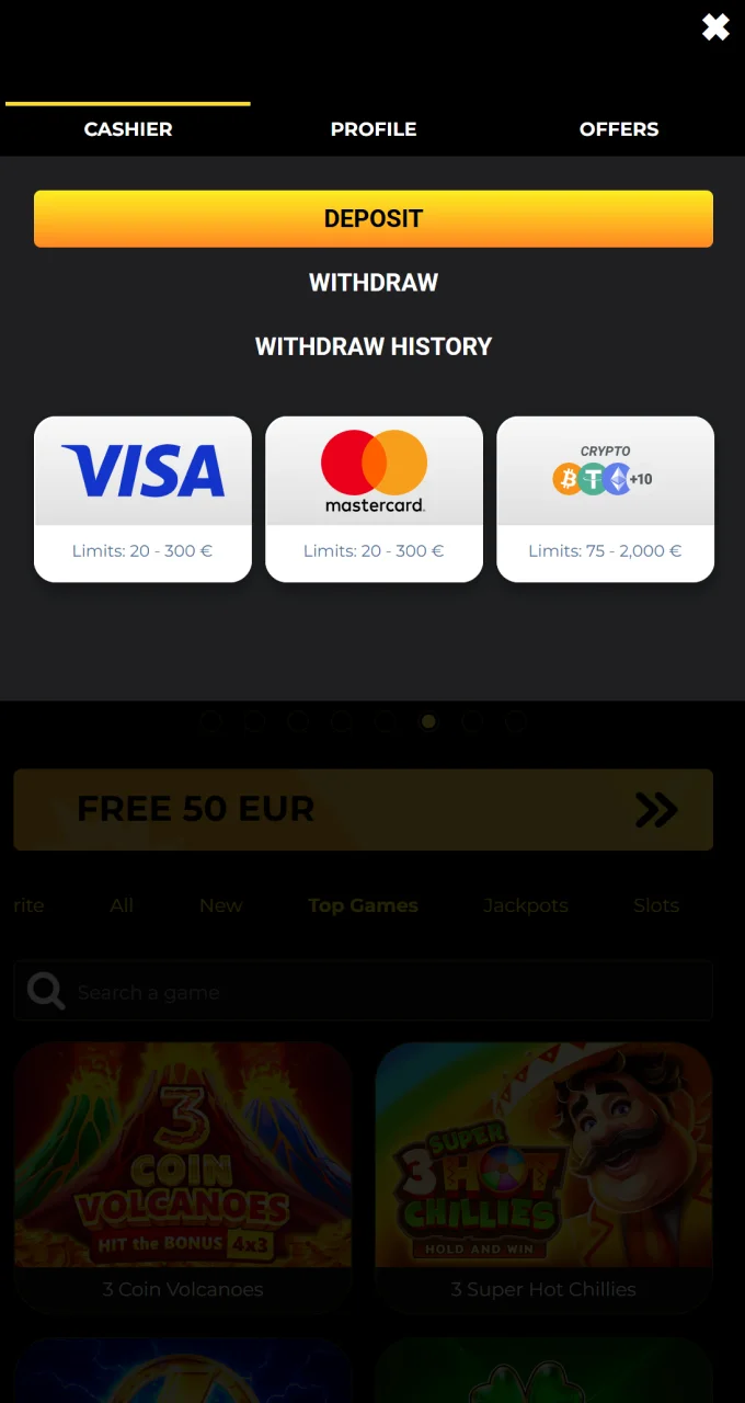 Choose between Visa, Mastercard, or Crypto to make a quick deposit on Kaboom Slots.