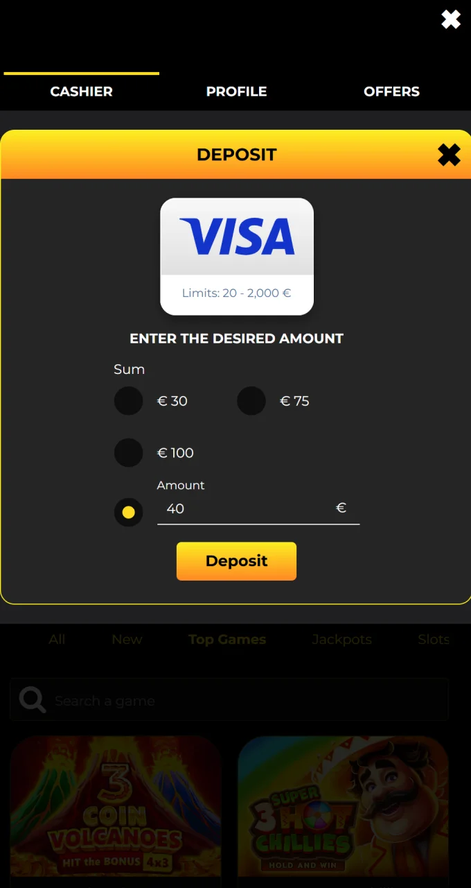 Enter your desired deposit amount and click the button to fund your Kaboom Slots account.